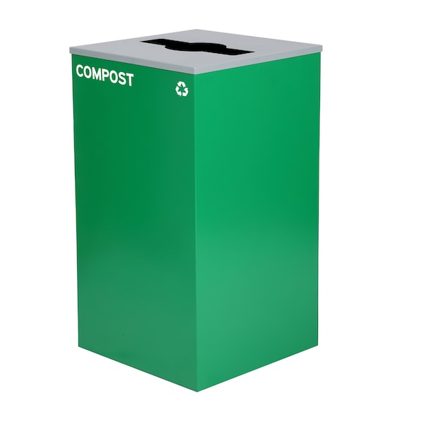 Square Recycling Bin, 29 Gallons, Green Can, Mixed Opening Lid, For Compost